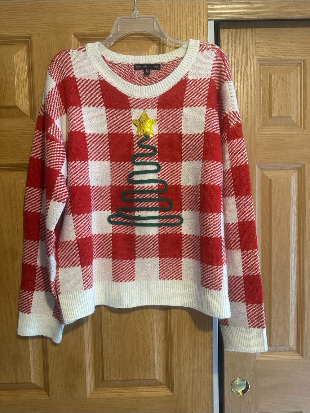 Adrienne Vittadini Red and White Plaid Crewneck Sweater with Tree Applique
